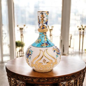 Ceramic Decorative Vase, Turquoise Calligraphy Vase, Handmade Ceramic Vase, Golden Vase, Tabletop Vase for Home, Gift for Vase Lovers