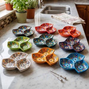 Turkish Ceramic Offering Bowl, 3 Section Snack Dish, Leaf-Shaped Serving Platter, Appetizer Tray, Nuts & Candy Bowl, Decorative Key Dish