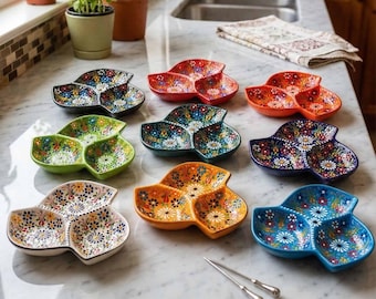 Turkish Ceramic Offering Bowl, 3 Section Snack Dish, Leaf-Shaped Serving Platter, Appetizer Tray, Nuts & Candy Bowl, Decorative Key Dish
