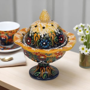 Turkish Sugar Bowl with Lid, Hand Painted Ceramic Sugar Bowl, Decorative Bowl with Lid, Ceramic Storage Bowl, Colorful Turkish Kitchen Decor