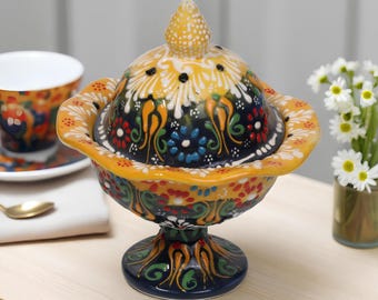Turkish Sugar Bowl with Lid, Hand Painted Ceramic Sugar Bowl, Decorative Bowl with Lid, Ceramic Storage Bowl, Colorful Turkish Kitchen Decor