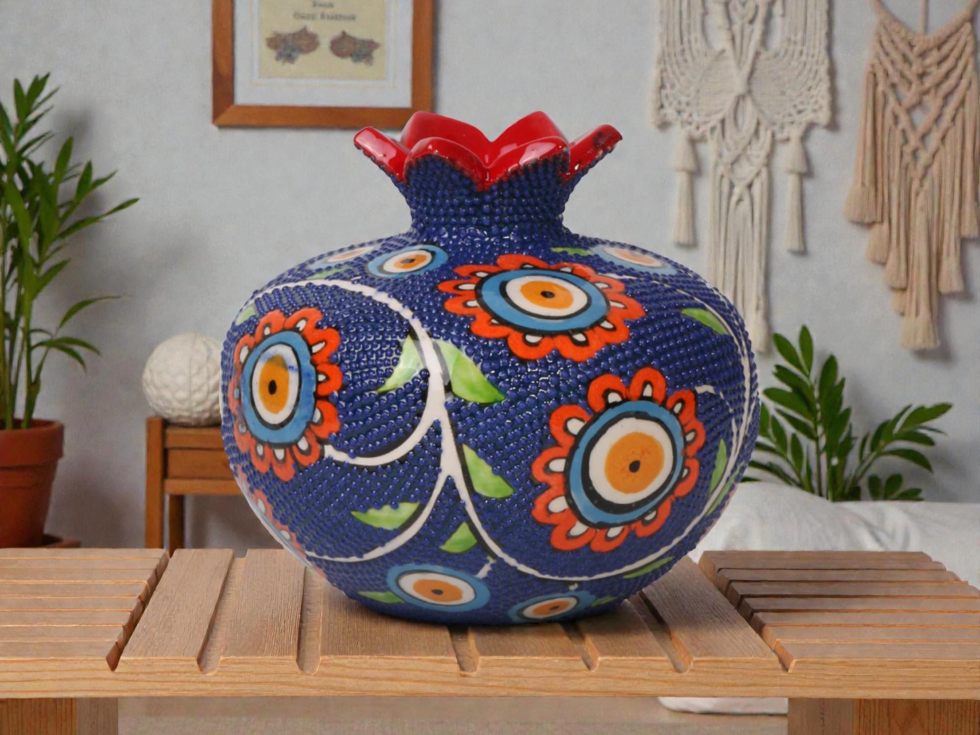 トルコ陶器のザクロ花瓶、手描きの花のザクロの装飾、家庭の