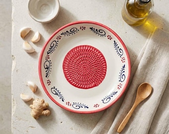 7" Ceramic Grater Bowl, Garlic Grinder Plate, Apple Red Grater Bowl, Handmade for Cheese, Chocolate, Vegetable & Citrus Prep