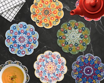 Handmade Ceramic Trivet, 7" Trivet for Hot Dishes, Hot Pot Trivet, Turkish Tile Coaster, Heat Resistant Pot Trivet, Hand Painted Ceramic Pad
