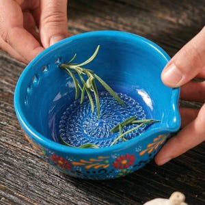 Herb Stripper Bowl & Garlic Grater, Ceramic Garlic Grater, 2 in 1 Herb Stripper Bowl, Grater with Spout, Handmade Kitchen Tool