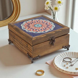 Turkish Ceramic Wooden Box, Tulip Mandala Tile Box, Handmade Boho Jewelry Box, Keepsake Box for Women, Storage Box for Rings & Necklaces