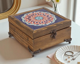 Turkish Ceramic Wooden Box, Tulip Mandala Tile Box, Handmade Boho Jewelry Box, Keepsake Box for Women, Storage Box for Rings & Necklaces