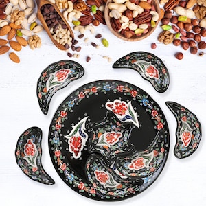 Breakfast Snack Set, Turkish Ceramic Appetizer Tray, Handmade 8 Piece Dip Set, Decorative Black Serving Platters, Dining Gift for Mothers