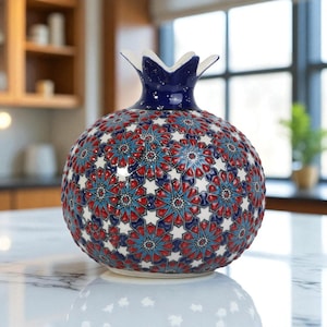 Keramik handgefertigte Granatapfel Tischvase, Stern-Mosaikvase, dekorativer Herzstück, elegante Vase für Regalanzeige, Granatapfelvasen-Geschenk