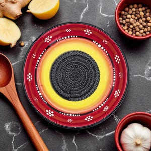 Handmade 7&quot; Ceramic Grater Bowl, Garlic and Ginger Grater, Red Daisy Grater Bowl, Cheese and Chocolate Plate, Vegetable Rub Plate