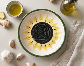 7" Ceramic Grater Bowl, Garlic and Ginger Grinder Plate, Sunflower Grater Bowl, Handmade Cheese and Chocolate Plate, Vegetable Rub Plate