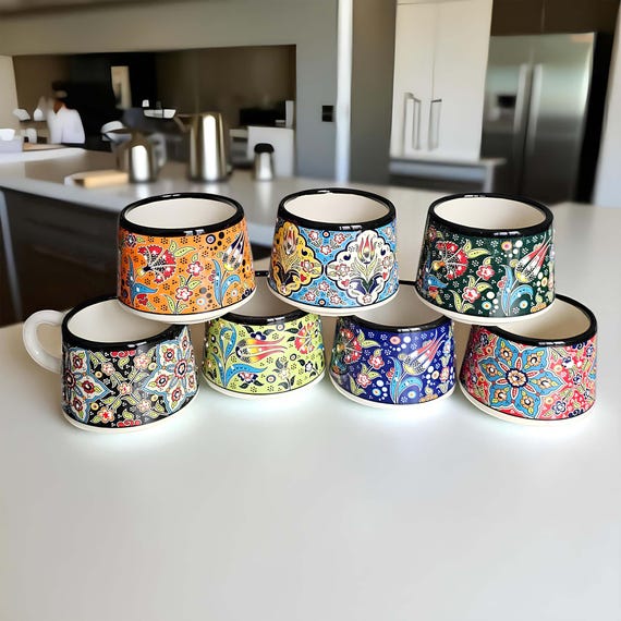 Turkish Ceramic Cappuccino Mugs, 7 oz Tulip Flower Design Espresso Cups, Authentic Tea Cups, Floral Coffee Mug Set, Coffee Mugs, Tea Cups