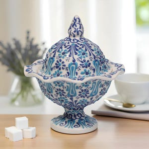 Ceramic Sugar Bowl with Lid, Turkish Hand Painted Bowl, Decorative Storage Bowl for Sugar, Kitchen Counter Decor, Gift for Cany Lovers