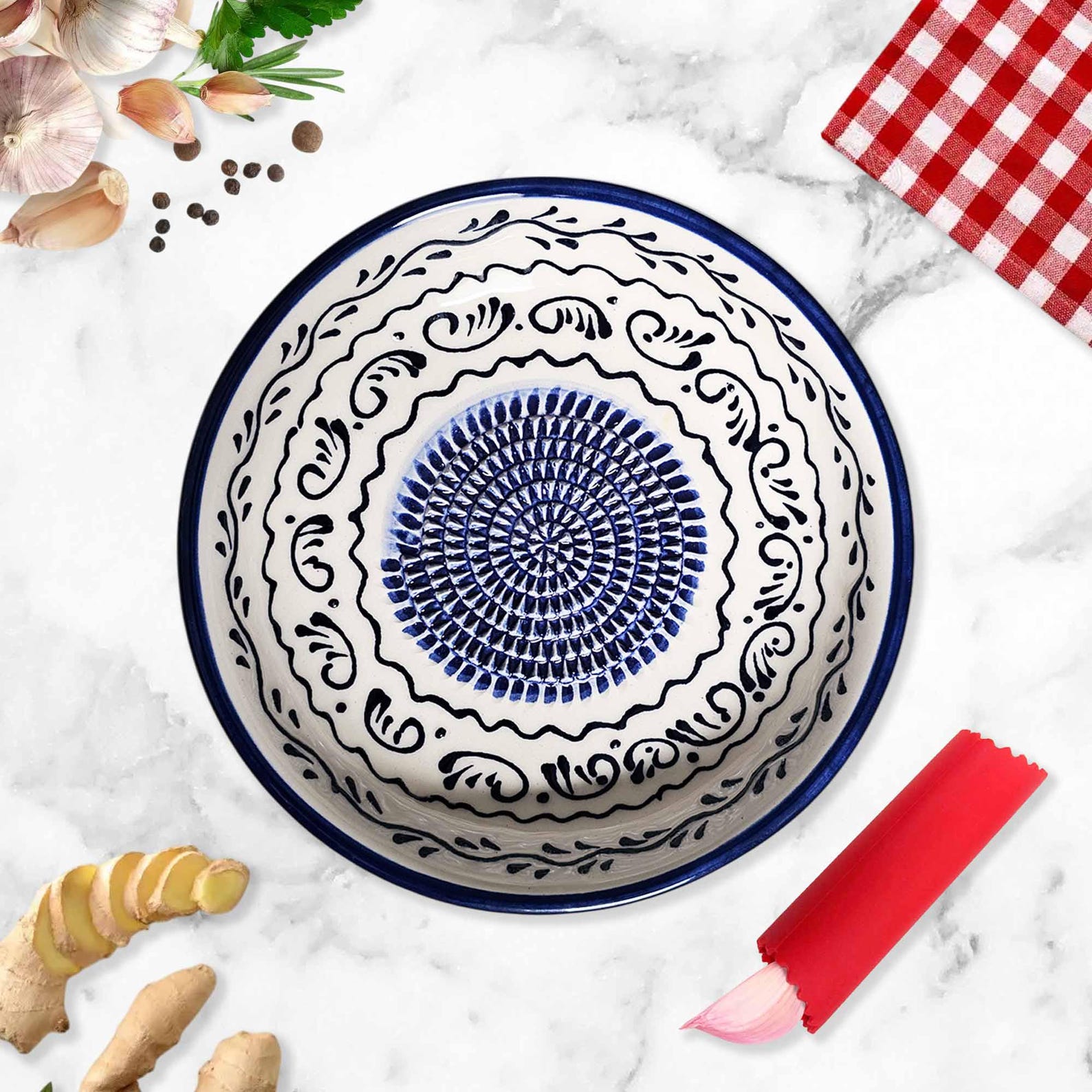 Ceramic Grater Bowl, 7" Ceramic Grater Plate, Handmade Ginger Grater, Ceramic Grater Platter for Chocolate & Cheese, Vegetable Rub Plate - Blue&White Swirls, With Brush