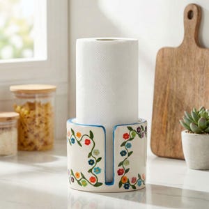May include: A white ceramic paper towel holder with a floral design. The holder has a blue rim and is decorated with colorful flowers and green vines. A roll of white paper towels sits in the center.