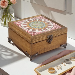 Decorative Wooden Box, Sunburst Floral Mandala Box, Handmade Turkish Tile Jewelry Storage, Rustic Trinket Box for Rings & Bracelets