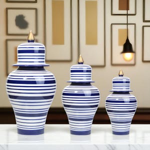 Decorative Ginger Jar, Nautical Stripe Jar, Ceramic Jar with Lid, Jar for Shelf Decor, Handmade Turkish Ceramic Jar, Ideal Gift for Wedding