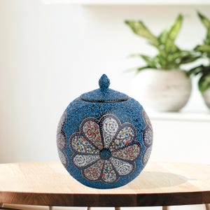 Ceramic Decorative Jar, Blue Blossom Jar, Handmade Ceramic Jar for Dining Room Shelf, Turkish Jar with Lid, Decorative Ceramic Globe Jar