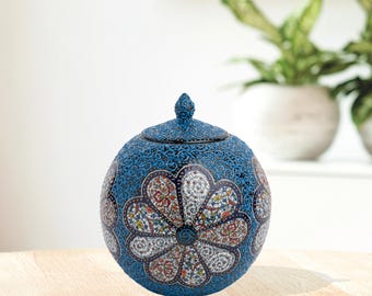 Ceramic Decorative Jar, Blue Blossom Jar, Handmade Ceramic Jar for Dining Room Shelf, Turkish Jar with Lid, Decorative Ceramic Globe Jar
