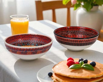 Handmade Turkish Ceramic Bowl Set: Red & Black Ottoman Design Salad Bowls