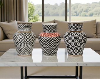 Modern Turkish Ceramic Vase, Handmade Geometric Pattern Vases, Black and White Decorative Pottery for Home Décor