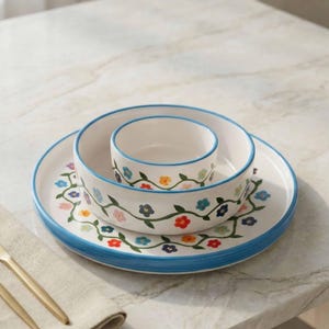 Wildflower Ceramic Dinnerware Set, Floral Plate Bowl Set, Cottagecore Kitchen Dining Set, Colorful Flower Tableware, Dinnerware Sets