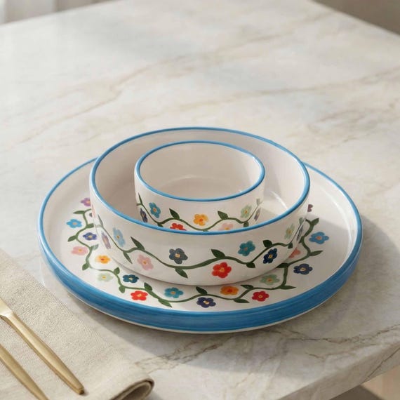 Wildblumen Keramik Geschirr Set, Floral Teller Schüssel Set, Cottagecore Küche Speiseset, Bunte Blumen Geschirr, Geschirr Sets