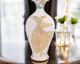 Vaso in ceramica con calligrafia derviscia: vaso decorativo in stile turco dorato