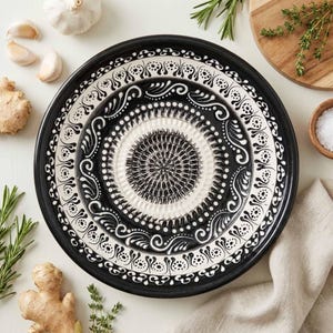 Puede incluir: Un plato rallador de cerámica en blanco y negro con un diseño decorativo. El plato presenta una superficie de rallado central rodeada de patrones concéntricos de puntos y espirales. Ajo, jengibre y hierbas están dispuestos alrededor del plato.