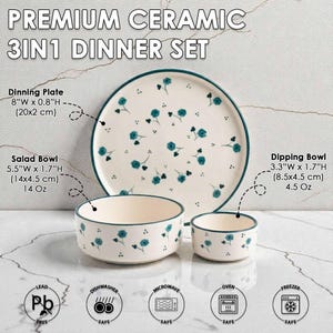 K&ouml;nnte beinhalten: Ein hochwertiges 3-in-1-Keramik-Essgeschirr-Set. Das Set beinhaltet einen Essteller (20x2 cm), eine Salatsch&uuml;ssel (14x4,5 cm) und eine Dip-Sch&uuml;ssel (8,5x4,5 cm). Jedes Teil hat eine wei&szlig;e Basis mit tealfarbenen Blumendesigns und tealfarbenen Verzierungen. Sp&uuml;lmaschinen-, mikrowellen-, ofen- und gefriergeeignet.