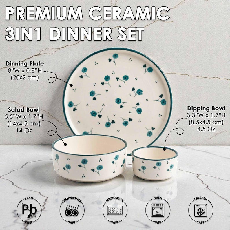 K&ouml;nnte beinhalten: Ein hochwertiges 3-in-1-Keramik-Essgeschirr-Set. Das Set beinhaltet einen Essteller (20x2 cm), eine Salatsch&uuml;ssel (14x4,5 cm) und eine Dip-Sch&uuml;ssel (8,5x4,5 cm). Jedes Teil hat eine wei&szlig;e Basis mit tealfarbenen Blumendesigns und tealfarbenen Verzierungen. Sp&uuml;lmaschinen-, mikrowellen-, ofen- und gefriergeeignet.