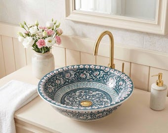 手作りのセラミック製洗面器、ティールカラーの洗面ボウル、トルコ風の洗面台、花柄のカウンタートップ洗面ボウル、ユニークな洗面ボウル