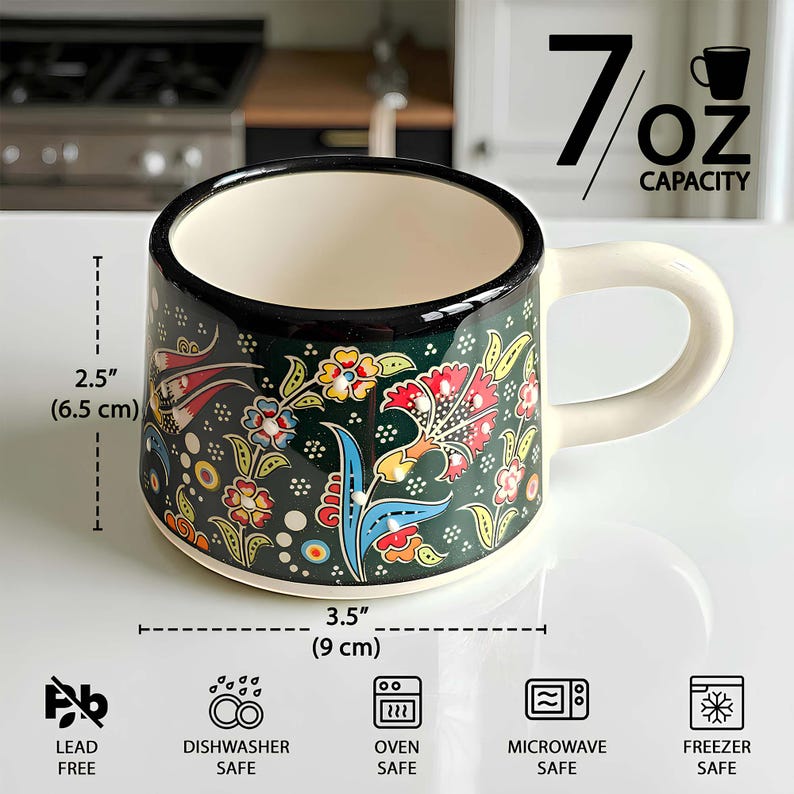 Ceramic Coffee Cups with Handle, 7 Oz Coffee Cups, Espresso Cups, Hand-Painted Handle Coffee Mug, Ceramic Cups Gift for Coffee Lover