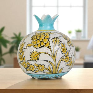 Dekorative Vase aus Keramik, Granatapfelvase, Zitronenblütenvase, handbemaltes Herzstück, einzigartige Granatapfelvase für Wohnzimmer, handgefertigtes Dekor