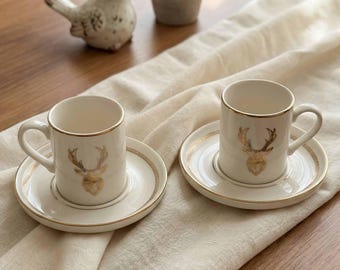 Gold Rimmed Porcelain Coffee Cup with Saucer, Deer Head Design Mug, 4 oz Espresso Cup, Premium Porcelain Demitasse Set, Rustic Tea Cup