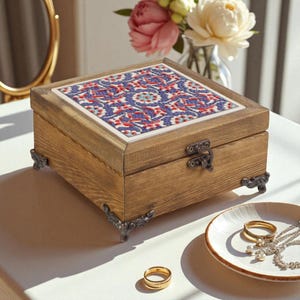 Wooden Keepsake Jewelry Box, Sultan&#39;s Garden Box, Handmade Turkish Ceramic Tile Box, Decorative Box for Jewelry Storage, Unique Gift Box