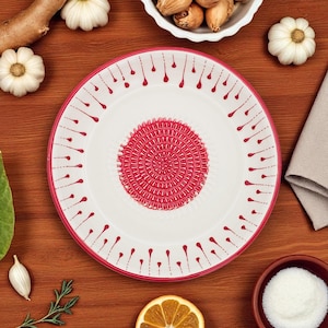 7&quot; Garlic Grater Bowl, Ceramic Ginger Grinder Plate, Red Drops Grater Bowl, Handmade Cheese and Chocolate Grater, Vegetable Rub Plate