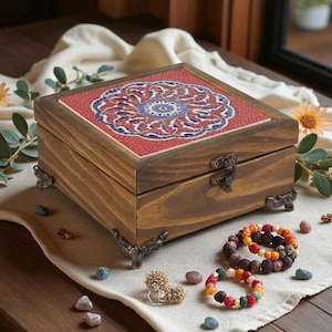 Elegant Jewelry Organizer Box, Red Mandala Ceramic Box, Handmade Turkish Tile Keepsake Box, Wooden Jewelry Storage for Rings & Bracelets