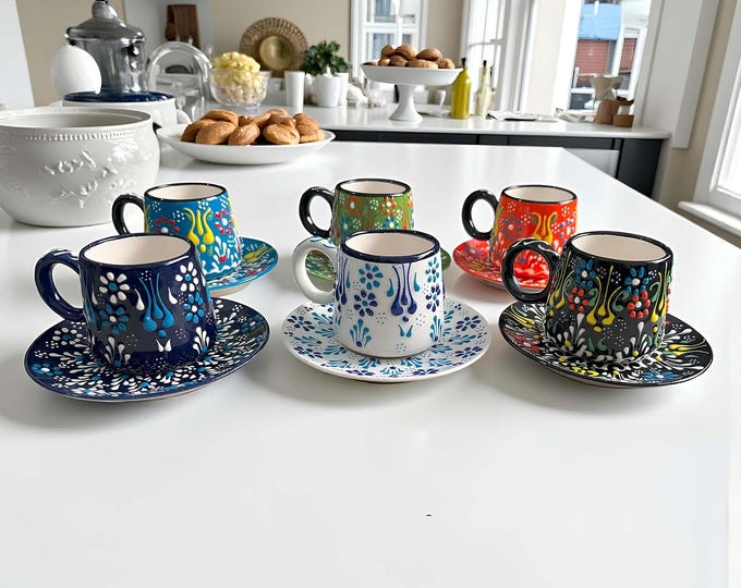 Hand-Painted Turkish Espresso Cup Set: Ceramic Coffee Cups with Saucers