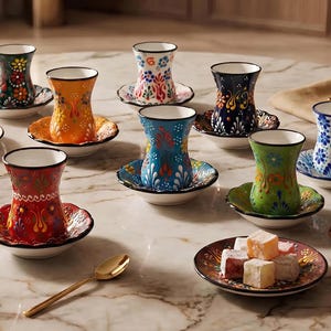 Könnte beinhalten: Eine Sammlung farbenfroher, handbemalter türkischer Teetassen und Untertassen. Jede Tasse hat ein einzigartiges Blumendesign in Rot-, Orange-, Blau-, Grün- und Schwarztönen. Sie stehen auf einer Marmoroberfläche mit einem goldenen Löffel und türkischem Honig.