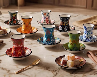 Turkish Tea Cups, Ceramic Turkish Tea Sets, Tea Cups with Saucers, Handmade Ceramic Tea Cups, Vintage Tea Sets, Gift for Tea Party Lovers