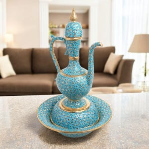 Jarro de cerâmica feito à mão, jarro decorativo com estampa floral turquesa, jarro de cerâmica turca, jarro com tampa e bacia, jarro de cerâmica decorativo