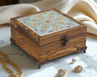 Wooden Jewelry Storage Box, Blue Floral Ceramic Box, Handmade Ceramic Tile Keepsake Organizer, Turkish Gift Box for Women’s Accessories