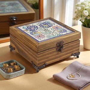 Ceramic Jewelry Box Gift, Tulip Bloom Ceramic Box, Handmade Wooden Keepsake Box with Turkish Tile, Rustic Organizer for Accessories