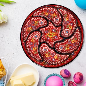 Ceramic Snack Tray Set, Turkish Style Red Appetizer Platter, Handmade Dip Set for Breakfast, Colorful Dining Gift Set for Housewives