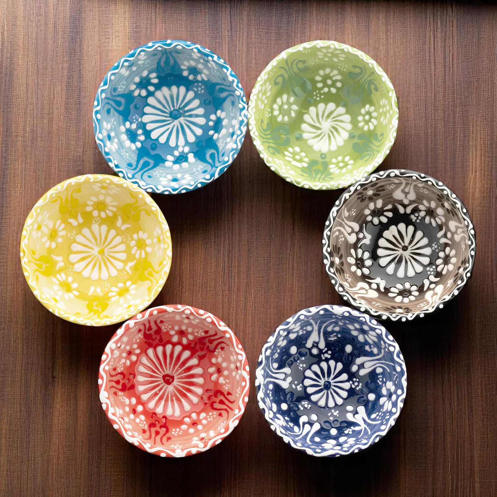 Handmade Ceramic Prep Bowls: Turkish Floral Spice Dishes, Set of 6 Sauce Bowls