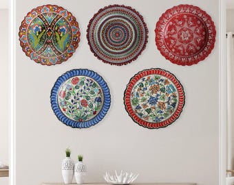 Turkish Decorative Plate, Handmade Floral Plates, 12" Diameter Ceramic Plate, Wall Plate for Living Room Decor, Colorful Hanging Plates