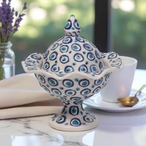 Decorative Sugar Bowl with Lid, Turkish Hand Painted Ceramic Bowl, Kitchen Counter Storage for Sugar or Spices, Unique Turkish Kitchen Gift
