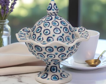 Decorative Sugar Bowl with Lid, Turkish Hand Painted Ceramic Bowl, Kitchen Counter Storage for Sugar or Spices, Unique Turkish Kitchen Gift