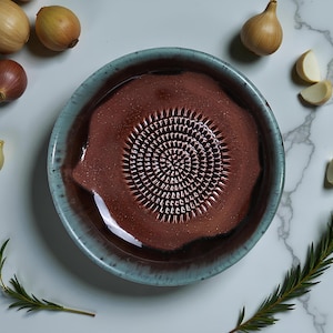 Handmade Ceramic Garlic Grater Bowl, 7" Glazed Grating Plate for Garlic, Cheese & Chocolate